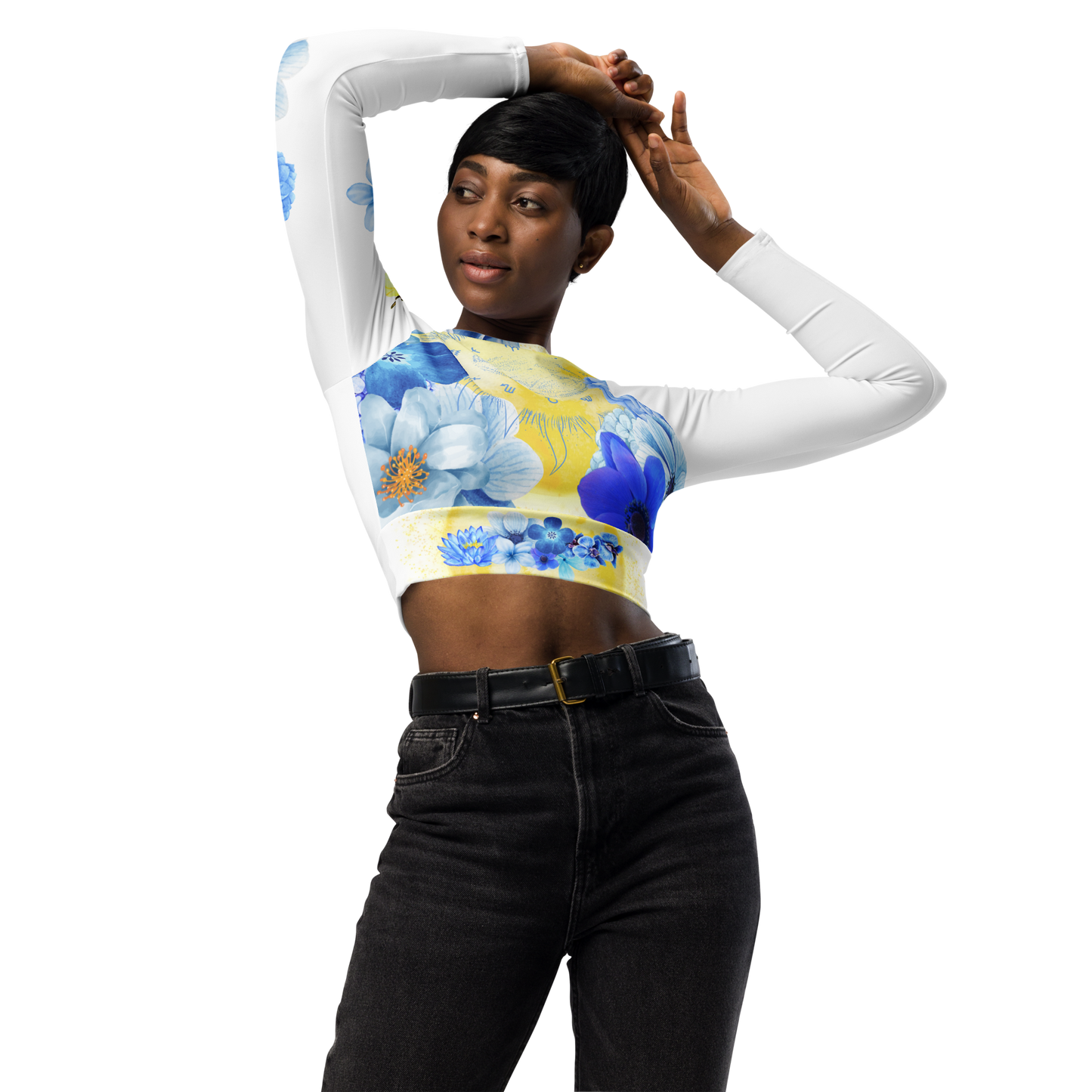 Blue Flowers Zodiac - Long Sleeve Recycled Crop Top For Women