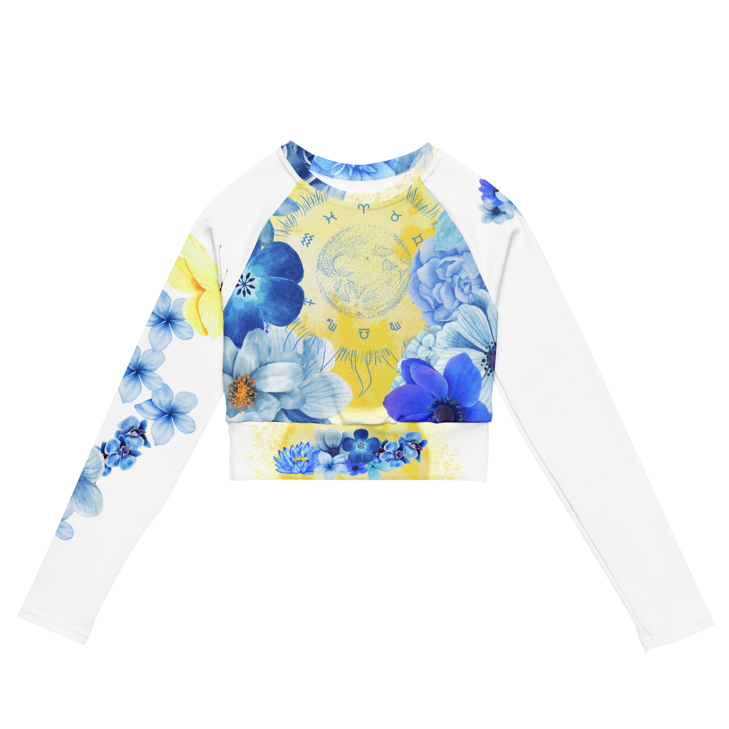 Blue Flowers Zodiac - Long Sleeve Recycled Crop Top For Women