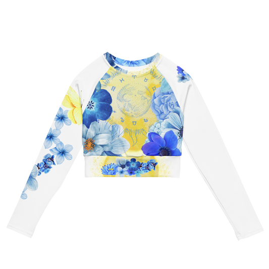 Blue Flowers Zodiac - Long Sleeve Recycled Crop Top For Women